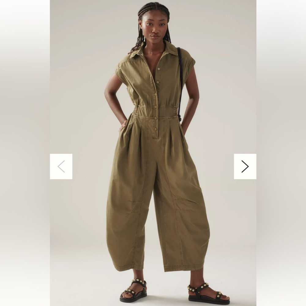 Anthropologie Khaki Button-Up Jumpsuit